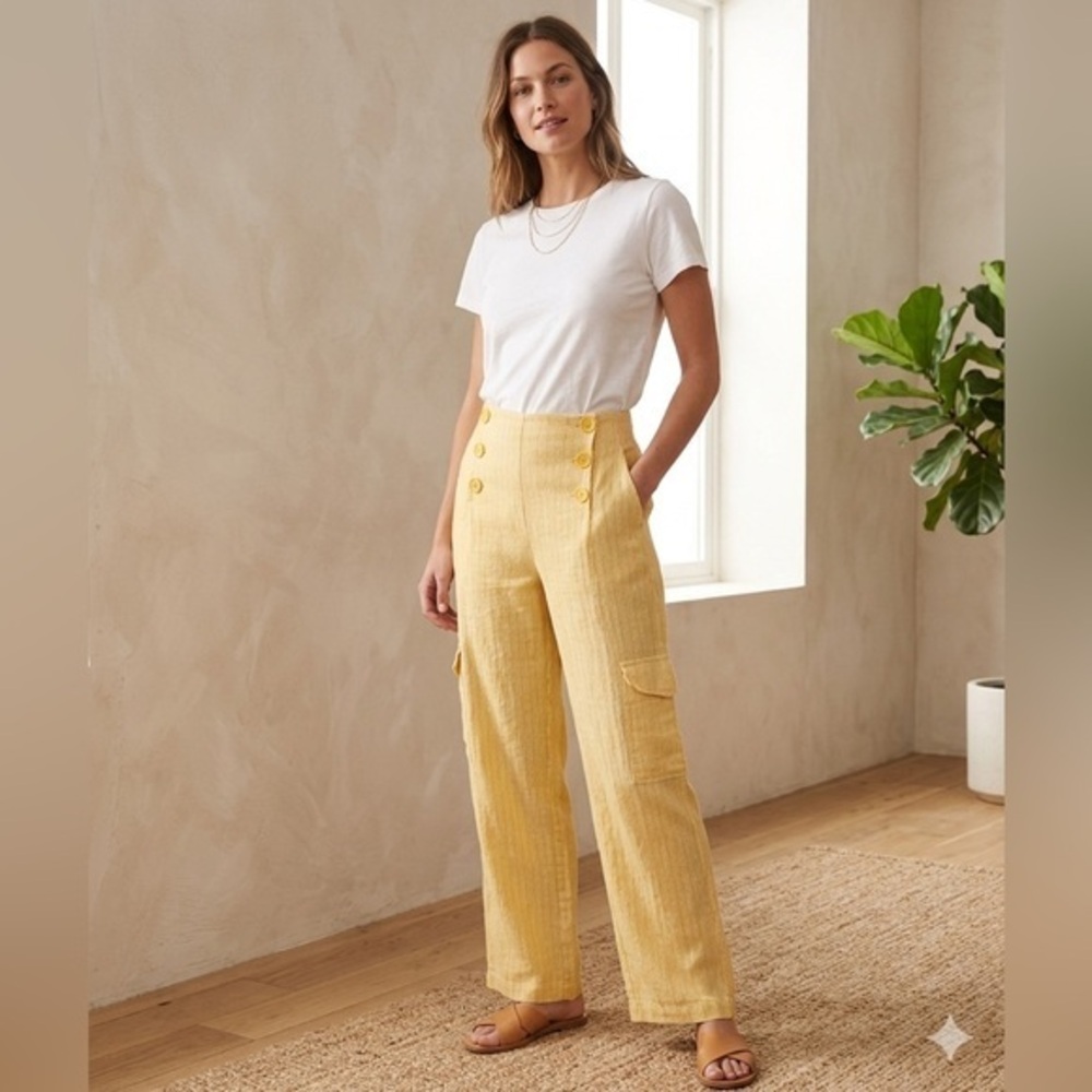 Flax 100% Linen Womens Small Yellow Flare Leg Pants High Waist Lagenlook S Cargo